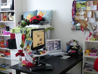 my workspace computer desk peluche shelves work space