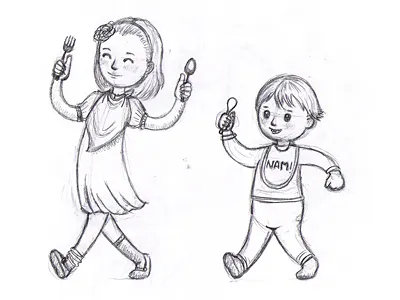 Dinner Time children drawing pencil sketch
