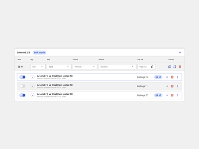 Bulk Mode add aplication app bulk events fields form inputs interface mode navigation process rows saas table ui ux venues