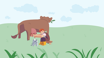 Milking cow 2d boots character character desgin cow farmer grass green hand hand drawn illustration milk milk bucket motion graphics sky steel vector