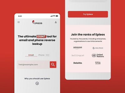 Epieos.com homepage optimisation design logo mobile mobile design osint product design saas search engine ui ux
