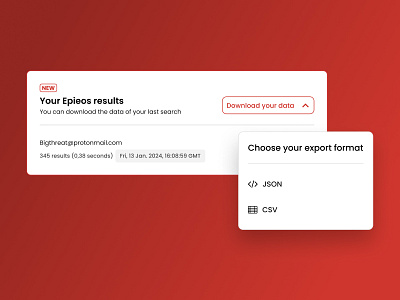 Export feature on Epieos.com export feature osint product design search engine ui ux