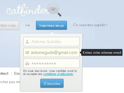 Dropdown Signup Process Redesign ad black blue button cat catfinder css3 dropdown email finder form grey html5 icon input js lock process signup ui user yellow