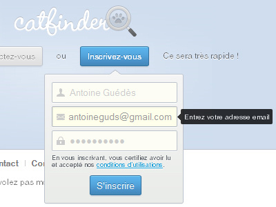 Dropdown Signup Process Redesign ad black blue button cat catfinder css3 dropdown email finder form grey html5 icon input js lock process signup ui user yellow