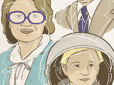 Family astronaut illustration india ink magazine cover