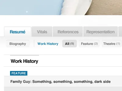Top & Sub Level Navigations artist blue citrusbyte features filters grey tabs talents ui work