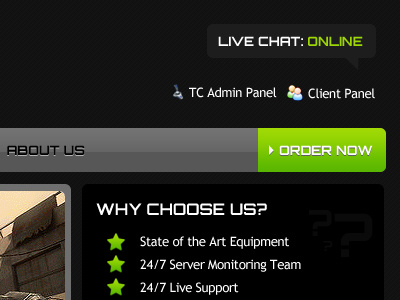 Dark Game Server Design clean dark grey neon green