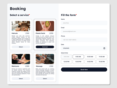 Spa and salon booking appointment black booking date form minimalist salon spa time select ui web design white