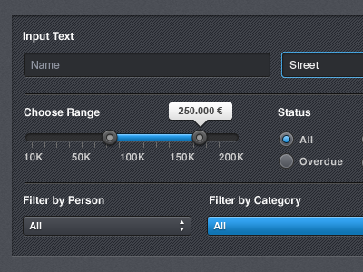 Interface Elements blue dropdown field form input range slider texture wunderkit