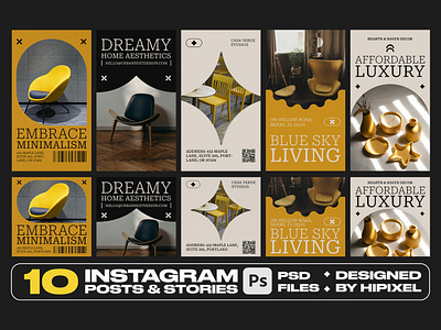 Interior Design Instagram Posts & Stories advertising blog business content facebook feed furniture hemedecor home instagram interior marketing post promotion social socialmedia story template