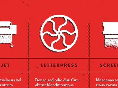 "What We Do." design icons inkjet layout letterpress rough screenprint web