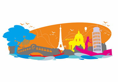 rialto bridge, eiffel, pisa, superga basilica in flat design design graphic design illustration ui vector