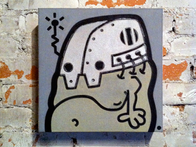 off-putting cyborg — No. 1. acrylic belly canvas cartoon cyborg flat color helmet humorous illustration painting pop robot steampunk