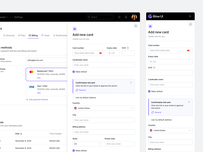 Billing Template Made with Glow UI 1.6 admin billing dark mode design design system figma glow ui mobile profile responsive saas settings ui ui kit