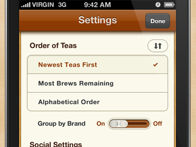 Tea App Settings Screen design idontsleep ios iphone screen settings workingmheartout