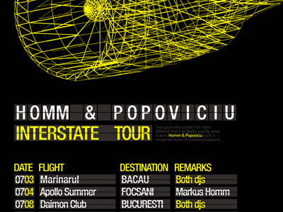 Homm & Popoviciu - Interstate - tour poster design detail airplane aviation black board clubbing colorful creative dark design djs engine flight fly flyer flying graphic design graphic designer house logo designer minimal plane poster progressive tech house techno wings yellow