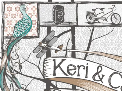 Keri and Carter Wedding Invite biplane camera illustration invitation lettering pattern peacock typography wedding invitation