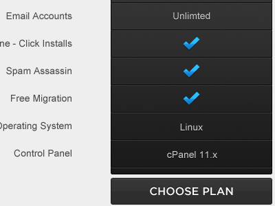 Table Data for hosting site blue choose plan clean dark