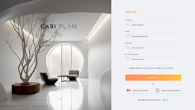 CabiPlan - Sign UP page 3d clean design interior interior design software minimalistic modelling modern planning platform design registration room design sign in sign up software ui uiux user interface ux