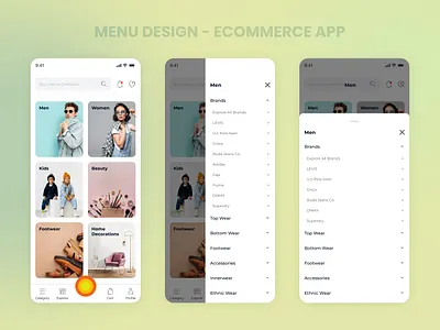 Menu Drawer & BottomSheet Design - eCommerce App app design bottom sheet design ecommerce ecommerce app menu design menu drawer ui ux uxloom