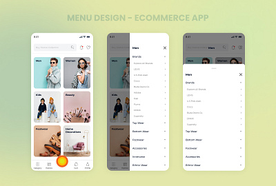 Menu Drawer & BottomSheet Design - eCommerce App app design bottom sheet design ecommerce ecommerce app menu design menu drawer ui ux uxloom