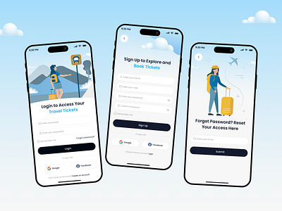 Login & Sign Up Screens – Ticket Finding Mobile App app app design enter otp fonts forgot password ios login login screen mobile app mobile design mobile ui onboarding onboarding illustration register screens signup splash ui design