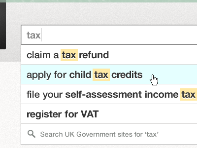Suggested top tasks / autocomplete alphagov autocomplete form search