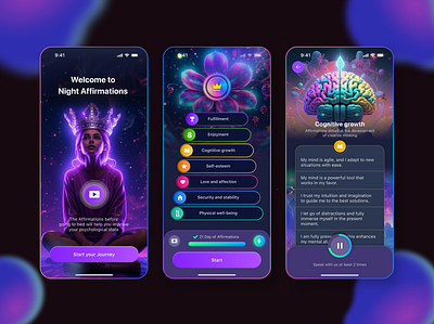 Night Affirmations App 🌙✨ affirmations ai app branding colors interface ios meditation mental health night sleep app ui ux yoga