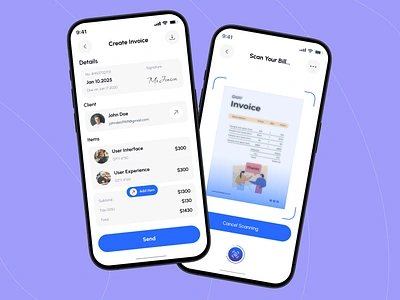 Invoice Maker Mobile App ai app app app design bills busieness corporate create invoice finance fintech invoice maker app invoice management invoive ios mobile mobile app product design saas scan invoice ui ux