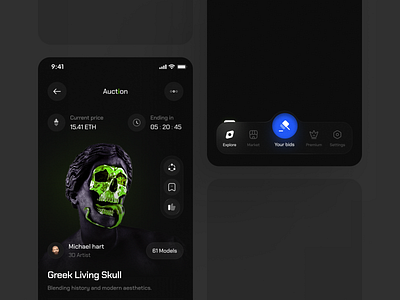 NFT App - Auction Page app auction blockchain clean crypto currency details page interface investment menu minimal mobile mobile app navigation navigation bar nft saas trading ui user interface web3