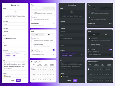 Settings Dark Light mode channel content dark mode general info light mode one time payment profile purple settings subscription plans ui ux