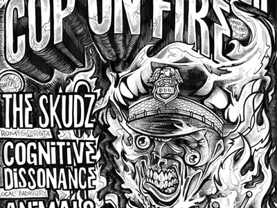 Cop On Fire ball point pen drawing flier illustration ink poster punk sharpie marker zombie