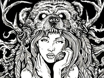 Tattooed Bear Dribble americana antler art bear beauty castle derrick castle design drawing feathers girl headdress illustration indian native stag war paint western