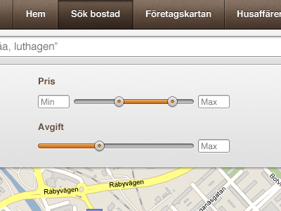 Real Estate listings controls app brown controls gui interface map orange populate real estate slider ui web
