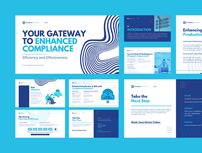 Sales Deck for a Compliance Firm ai blue branded canva corporate deck design illustrations pitch ppt presentation sales deck tech white