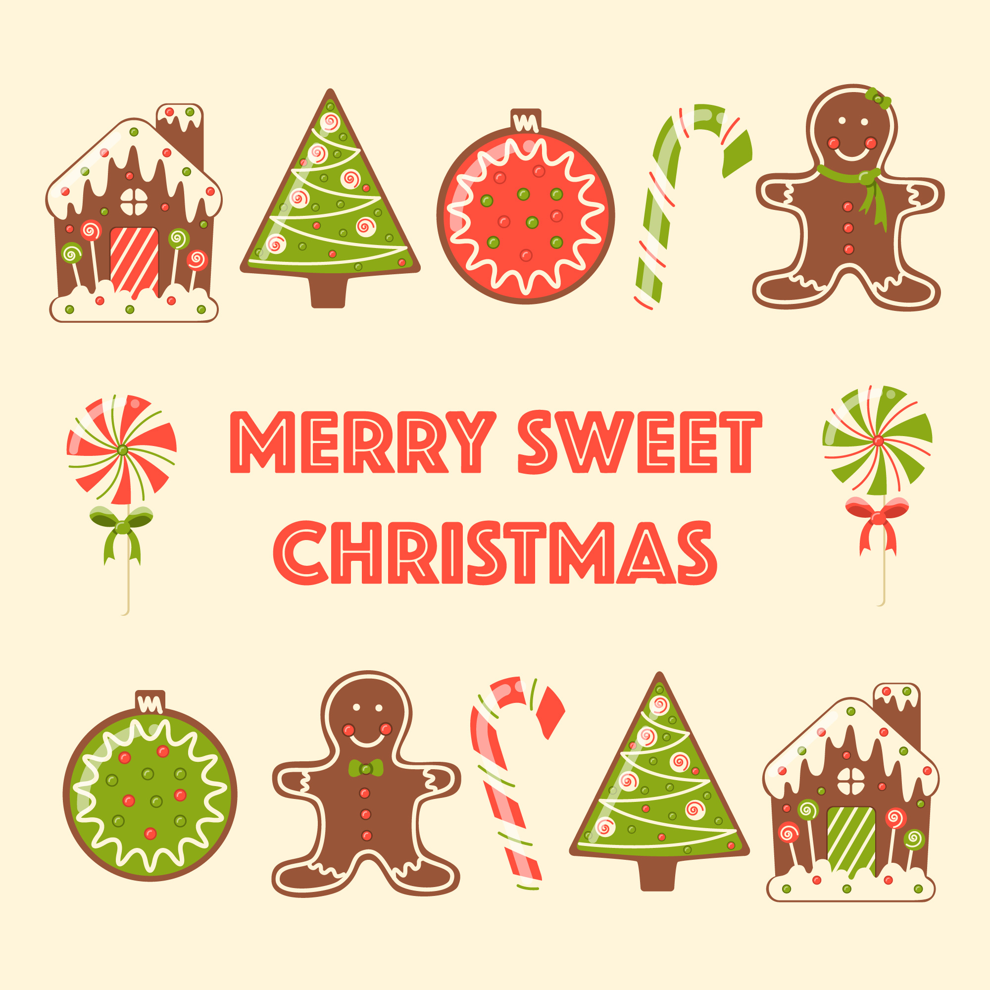 Merry Sweet Christmas art baking christmas cookies decorations design dessert festive flat gingerbread holiday house icing illustration man ornaments stars sweet vector xmas