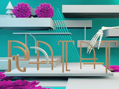 A Still Life 3d blocks florals geometic hand motion orange pink ratatat shapes skeleton still life teal type white