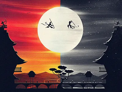 Battle at Meiji Temples fight illustration moon samurai snow sun temple
