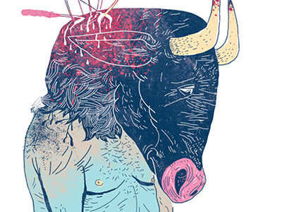 Minotaur colour digital illustration myth pen ink