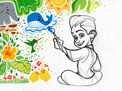 Dribbble Debut boy character chicks color cute digital drawing elephant flowers hummingbirds illustration paint painting photoshop sketch whale