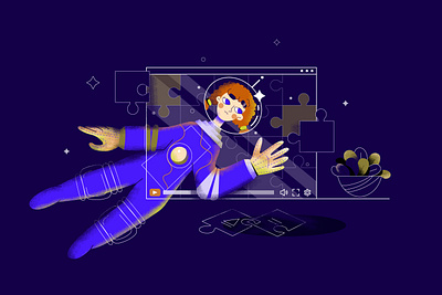 Editorial illustration for Renderforest astronaut blog blue character design editorial flat girl illustration intro puzzle space vector web illustration youtube