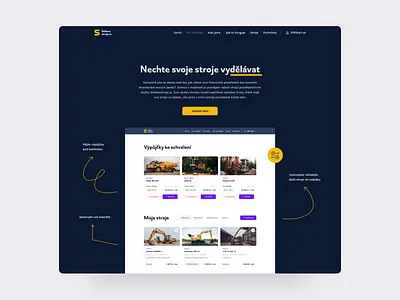 Sharing Heavy Equipment - Hero section - Website concept dark mode detail page digger excavator hana simkova heavy equipment hero section hero section design manage borrowings management app product design sharing service ui design ux design web design website layout