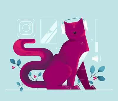 Social media cat animal cat character design flat geometric headphones illustration instagram pet social media tail texture vector web illustration