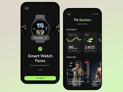 Smartwatch Fitness App UI app dashboard customizable watch faces dark mode fitness app fitness goals fitness metrics health tracking heart rate monitor interactive design minimalistic design mobile fitness tracking mobile ui modern interface smart device companion smartwatch interface steps tracker user friendly design uxui design wearable tech workout guides