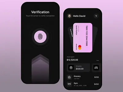 Secure Payment Wallet UI credit card management dark mode ui digital wallet finance app fingerprint authentication fintech app minimalistic interface mobile banking modern ui money management payment security payment verification personalized dashboard secure payments spending tracker transaction history user friendly design ux uxui design wallet app