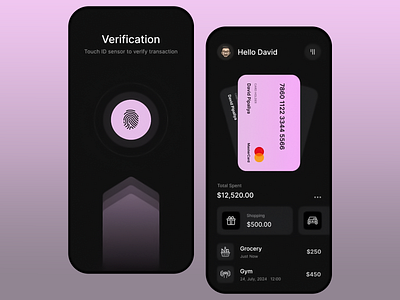 Secure Payment Wallet UI credit card management dark mode ui digital wallet finance app fingerprint authentication fintech app minimalistic interface mobile banking modern ui money management payment security payment verification personalized dashboard secure payments spending tracker transaction history user friendly design ux uxui design wallet app