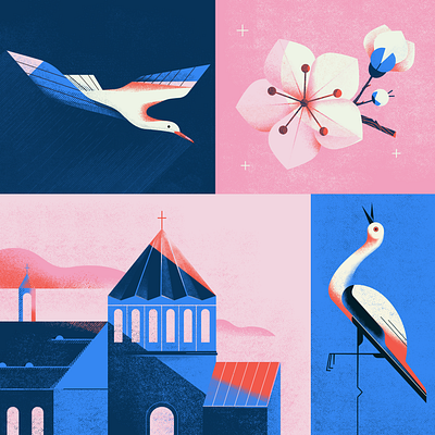 It's spring again animal architecture armenia bird blue branding character design church collage design flat flower illustration pink spring stork texture ui vector web illustration