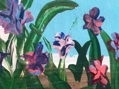 Box Play House (closeup) cardboard flowers handmade non digital nondigital paint toys traditional