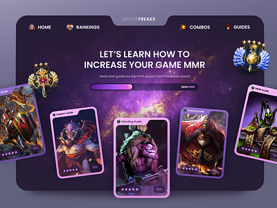 Dark Purple Gaming Webdesign - Game Guides book store cards community dark theme dota 2 game guides game icons gamification gaming gaming platform progress bar purple uiux design web ui webdesign