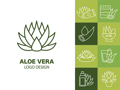 Aloe Vera Logo and Green Brand Design Set aloe branding cosmetic design flat graphic design icons illustration logo mosaic pattern plant print ui vector vera